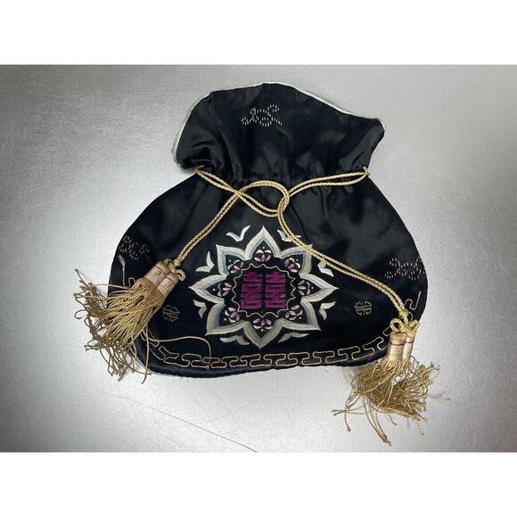 Vintage Antique Chinese Asian Black Silk Tassels Small Drawstring Handbag Bag - Picture 1 of 8